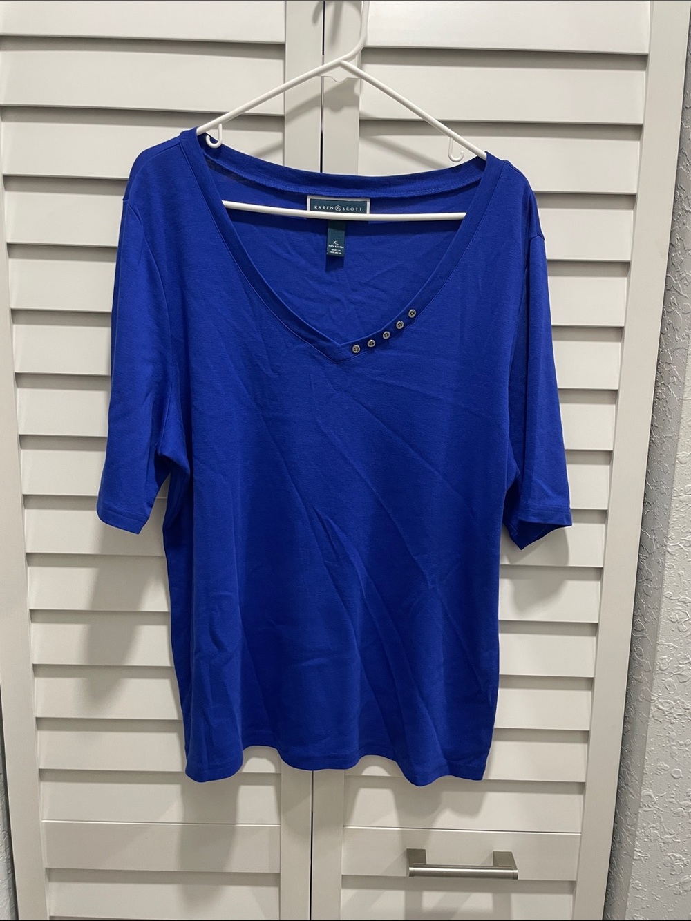 Karen Scott Royal Blue V-Neck Short Sleeve Top with Button Detail